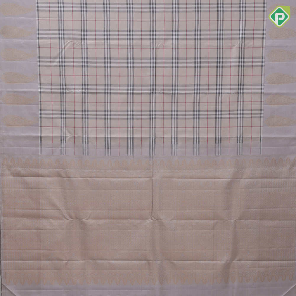 Light Gary Checked Design Gainsboro Gold Zari Manga Motif Border Design Trendy Silk Saree