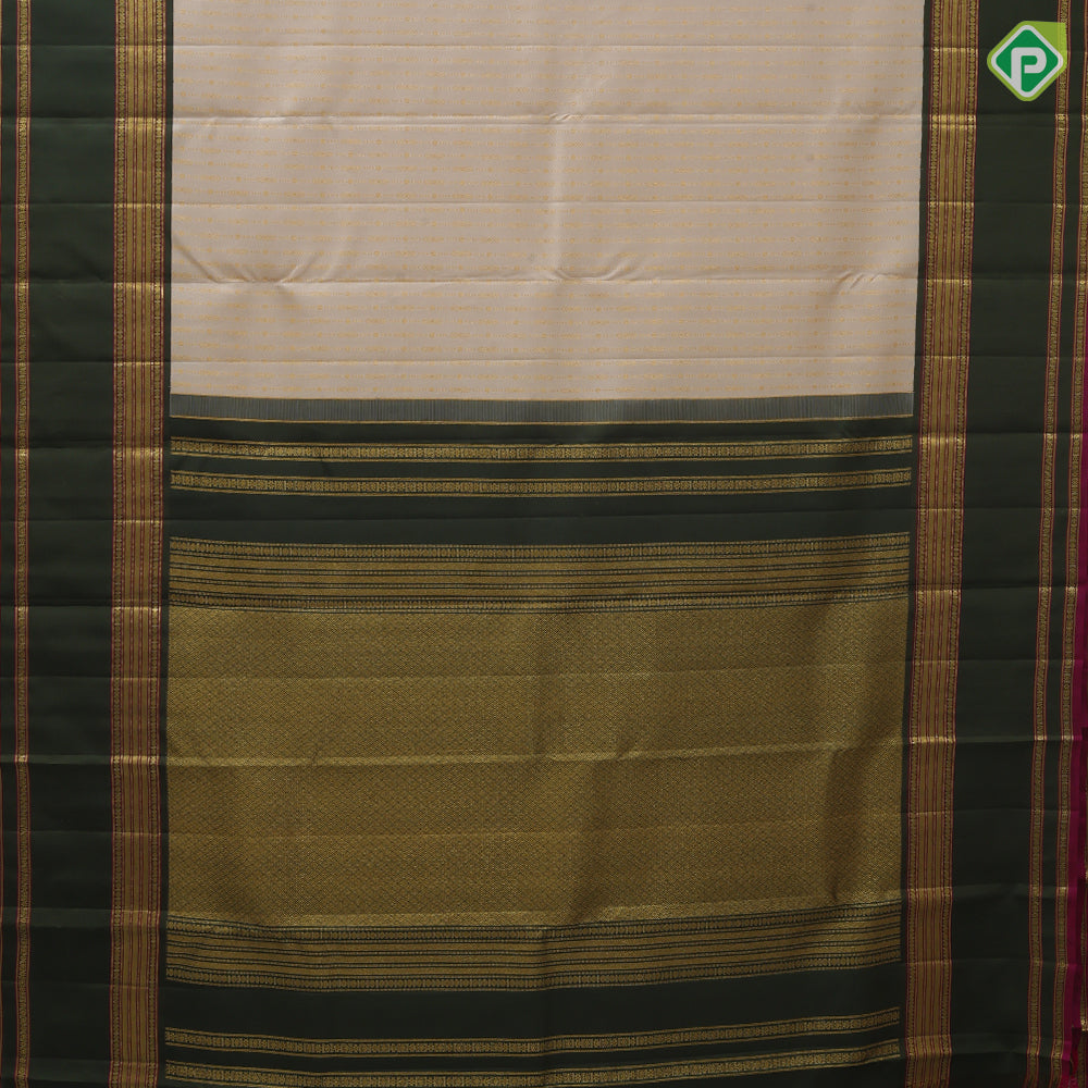 Cream White Gold Zari Arrow Straight Line Design Olive Green Ruthracham Flower Diamond Border Design Traditional Silk Saree