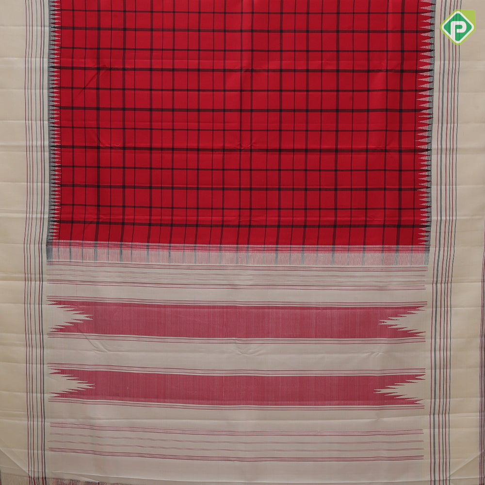 Chilly Red Thread Checked Design Sandal Wood Lines Border Design Traditional Silk Saree