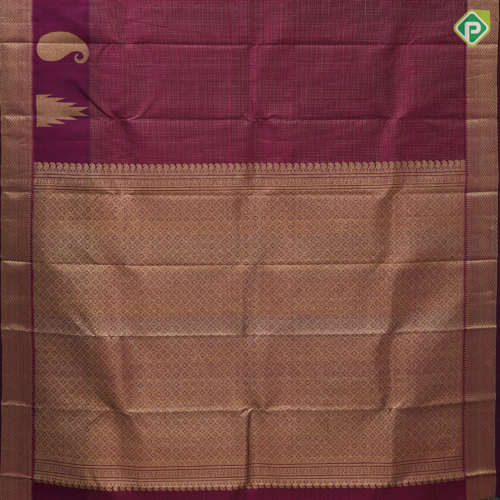 Maroon gold zari micro kattam design self gold zari big mango padded diamond border koorai silk saree