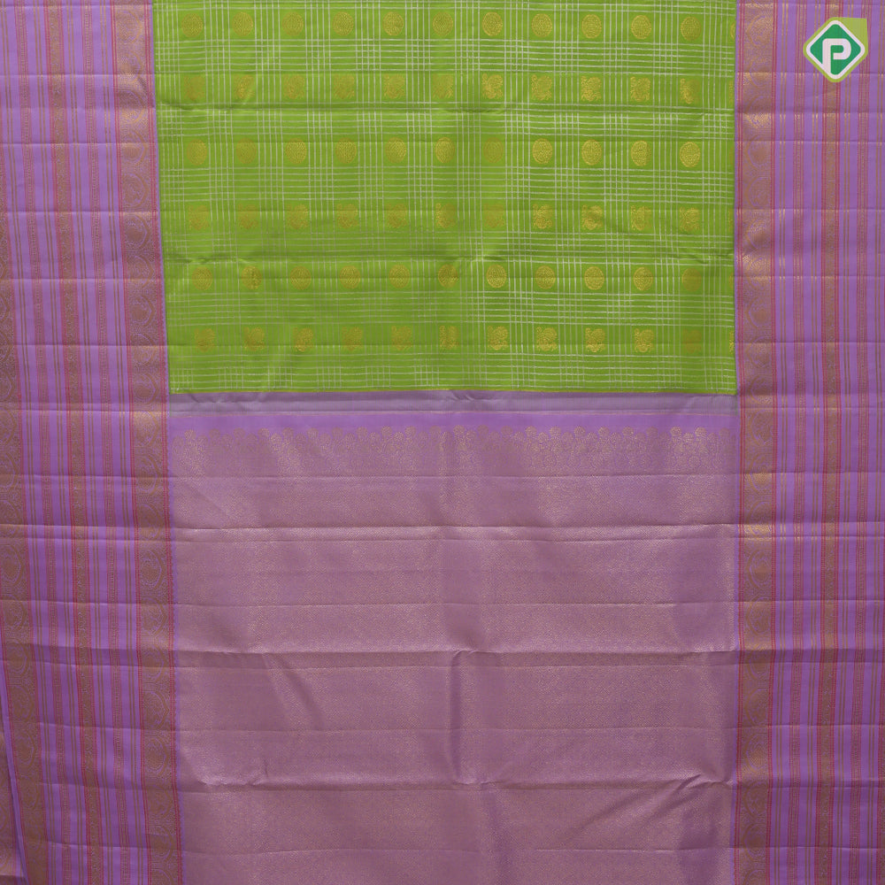 Parrot green Silver zari checks mid gold zari butta motifs lavender gold zari meena work lines border vintage silk saree