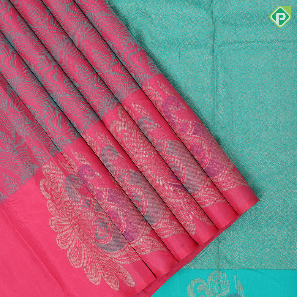 Pink and sea blue geometric design self colorful peacock butta motif border trendy designer silk saree