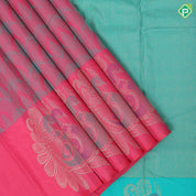 Pink and sea blue geometric design self colorful peacock butta motif border trendy designer silk saree