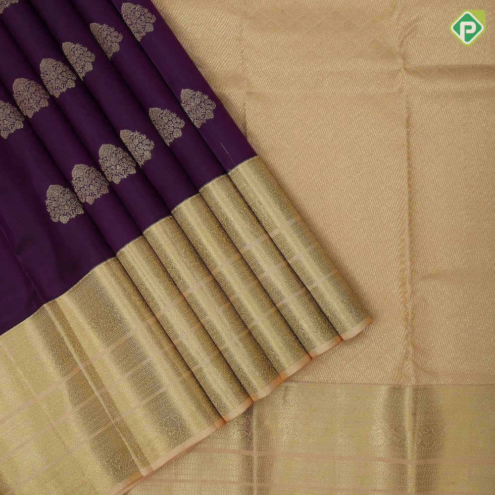 Purple violet gold zari fancy thilagam butta contrast sandal gold zari multi design line border gift silk saree