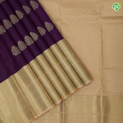 Purple violet gold zari fancy thilagam butta contrast sandal gold zari multi design line border gift silk saree