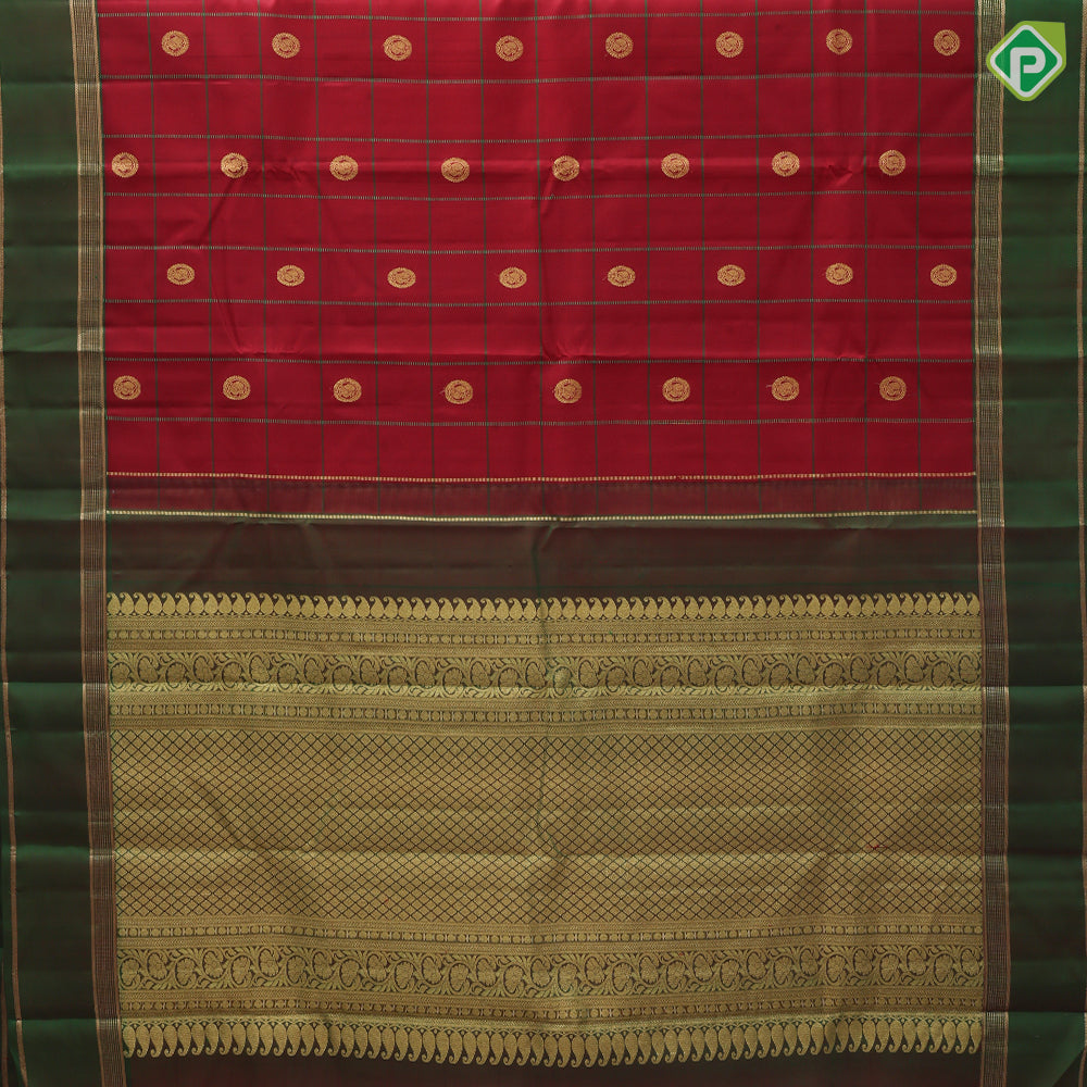 Chilly red gold zari peacock round butta green with gold zari lines border gift silk saree