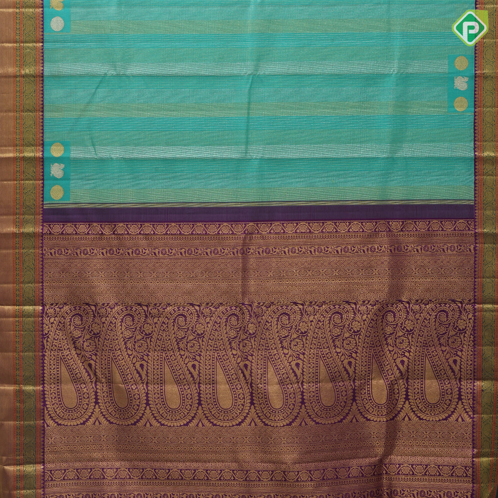 Rexsona Green Silver Gold Zari Vairaoosi Lines Peacock Chagaram Design Purple Ruthracham Bavanji Border Design Traditional Silk Saree