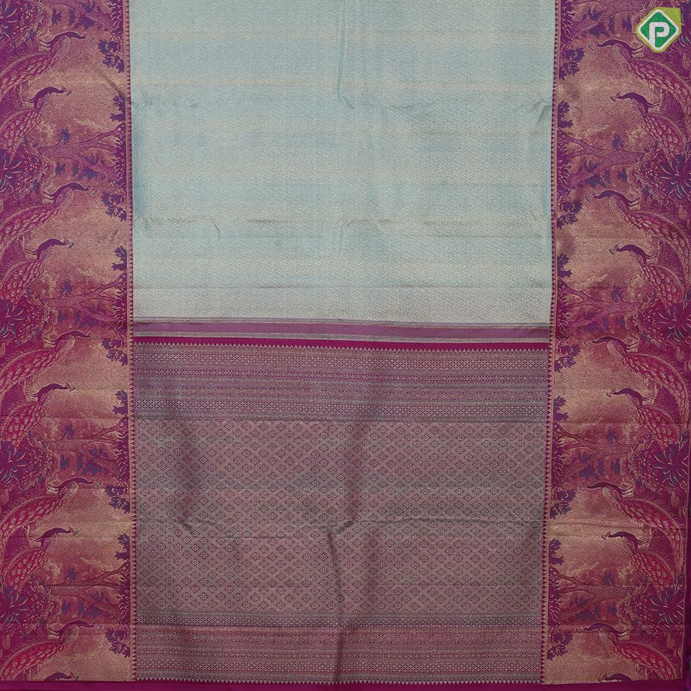 Pista green gold zari zig zag crystal design purple peacock under tree art effect trendy tissue silk saree