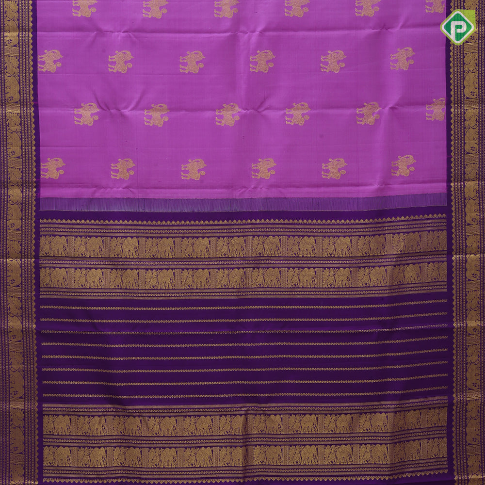 Pink Gold Zari Yali Butta Design Purple Elephant Peacock Border Design Traditional Silk Saree