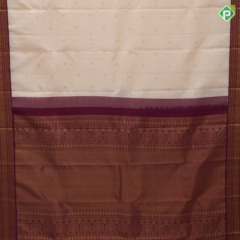 Cream White Gold Zari Chagaram Small Motif Design Purple Mango Floral Border Design Traditional Silk Saree