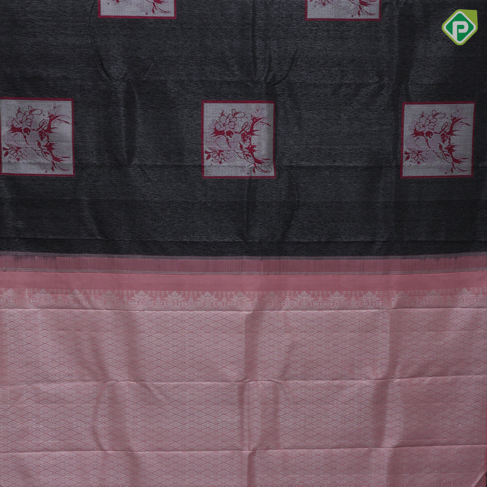 Black Colour Silver Zari Deer Design Border Less Ledge Peach Colour Luxury Black Silk Saree