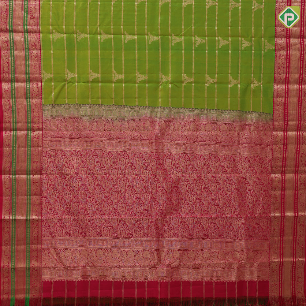 parrot green gold zari velthari lines double peacock butta rani red gold zari meena work border traditional silk saree