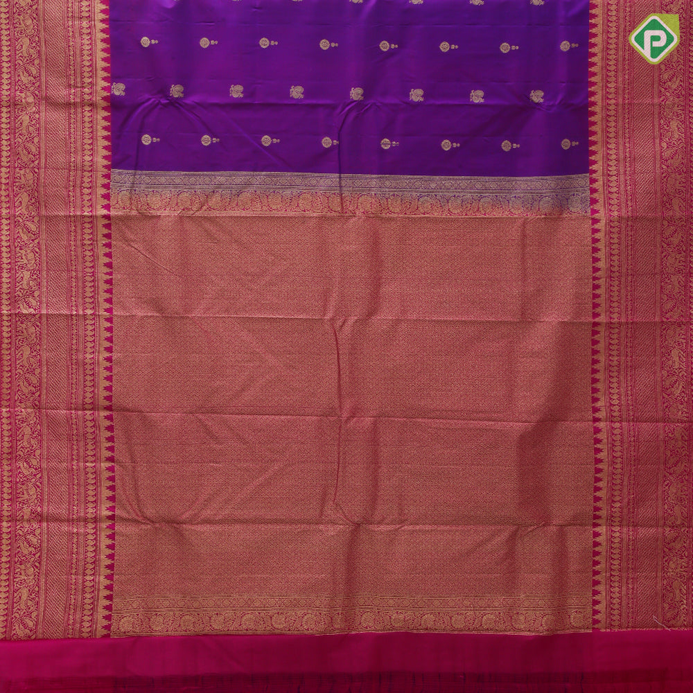 Dual shade purple gold zari chakkaram annam butta rani pink gold zari multi design border traditional silk saree