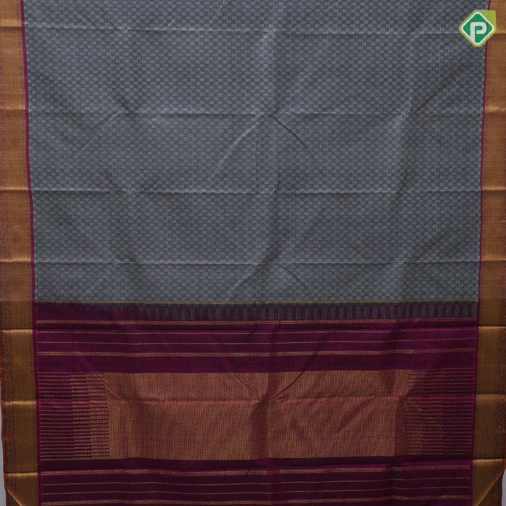 Elephant grey with steel grey self checks design rani pink god zari Edge border Luxury black silk saree