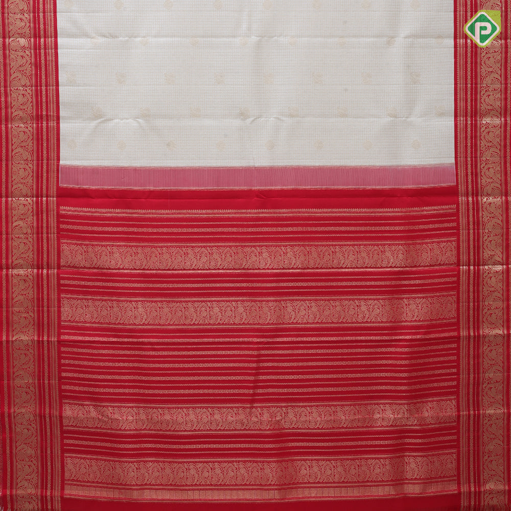 White Gold Zari Small Checks Peacock Chagaram Design Chilly Red Floral Peacock Border Design Traditional Silk Saree