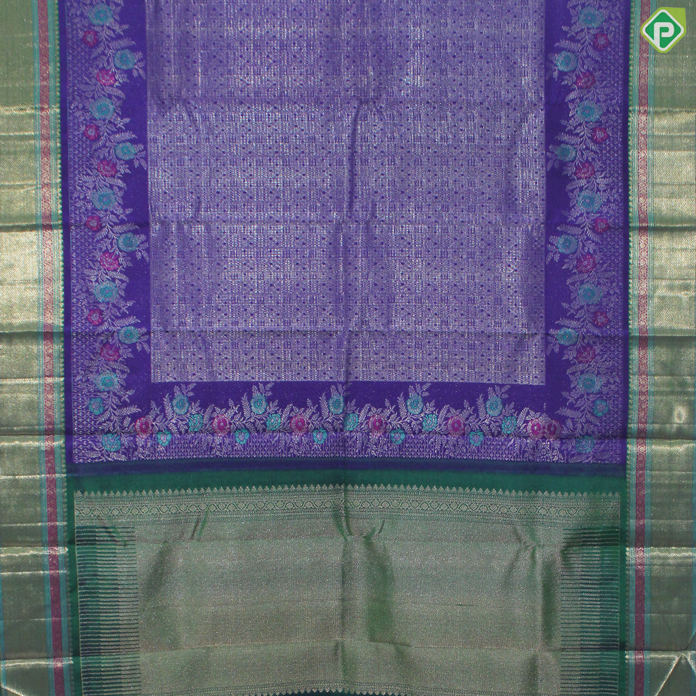 Purple Color Silver Zari With Green Color Mayilkan Design Border Traditional Silk Saree