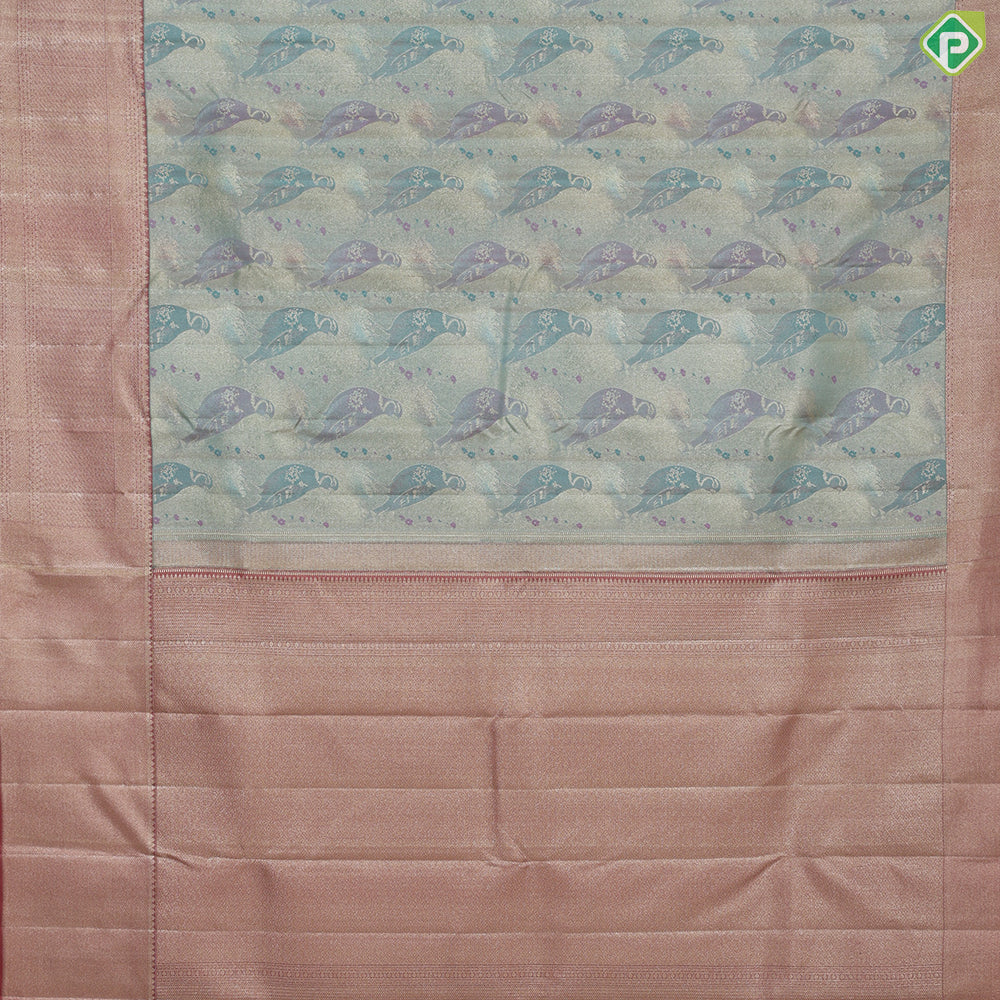 Pista green zari silk thread dove on branch painting inspired onion pink silver gold zari spin border trendy tissue saree