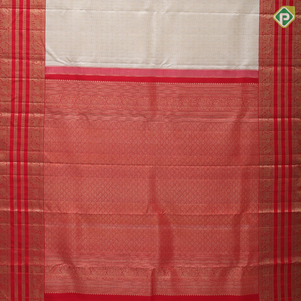 White gold zari geomatical full body design contrast red gold zari peacock annam butta lines border grand bridal silk saree