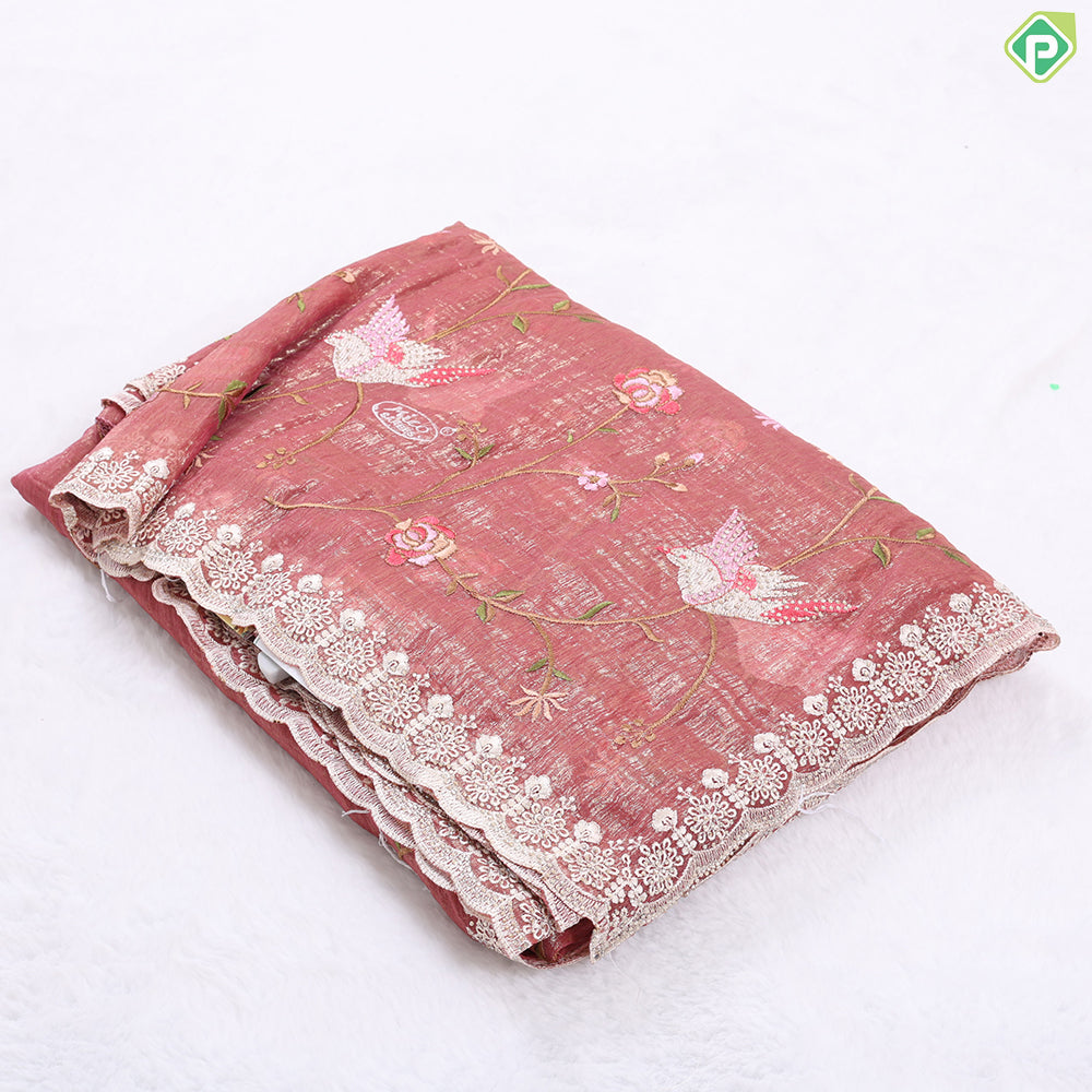 Porpoise grey tissue effect floral embroidered design edge cut work border Holly wood fancy saree