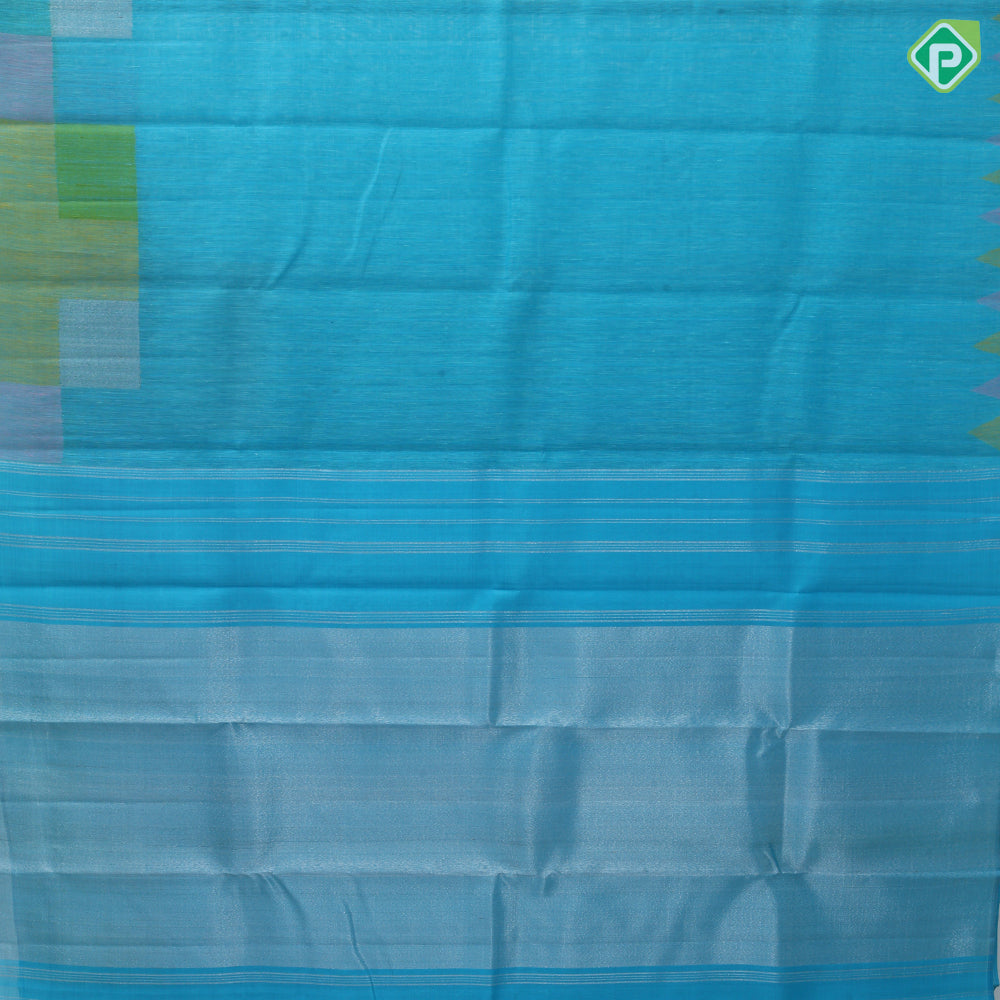 Electric blue with thread stripes design self multi color boxes border linen kora silk saree