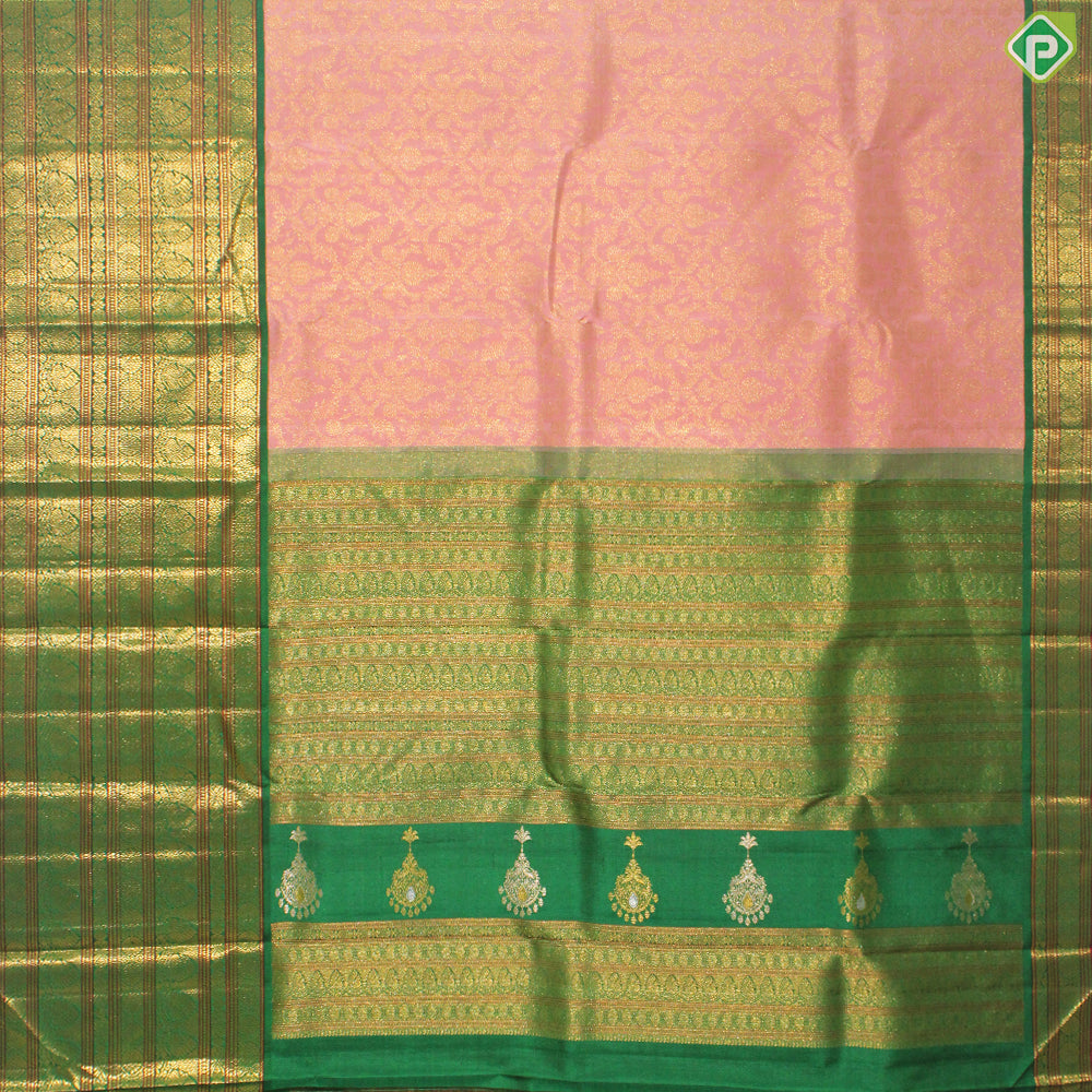 Peach Pink With Gold Zari  Peacock And Ruthracham Green Long and Small Border Traditional Silk Saree