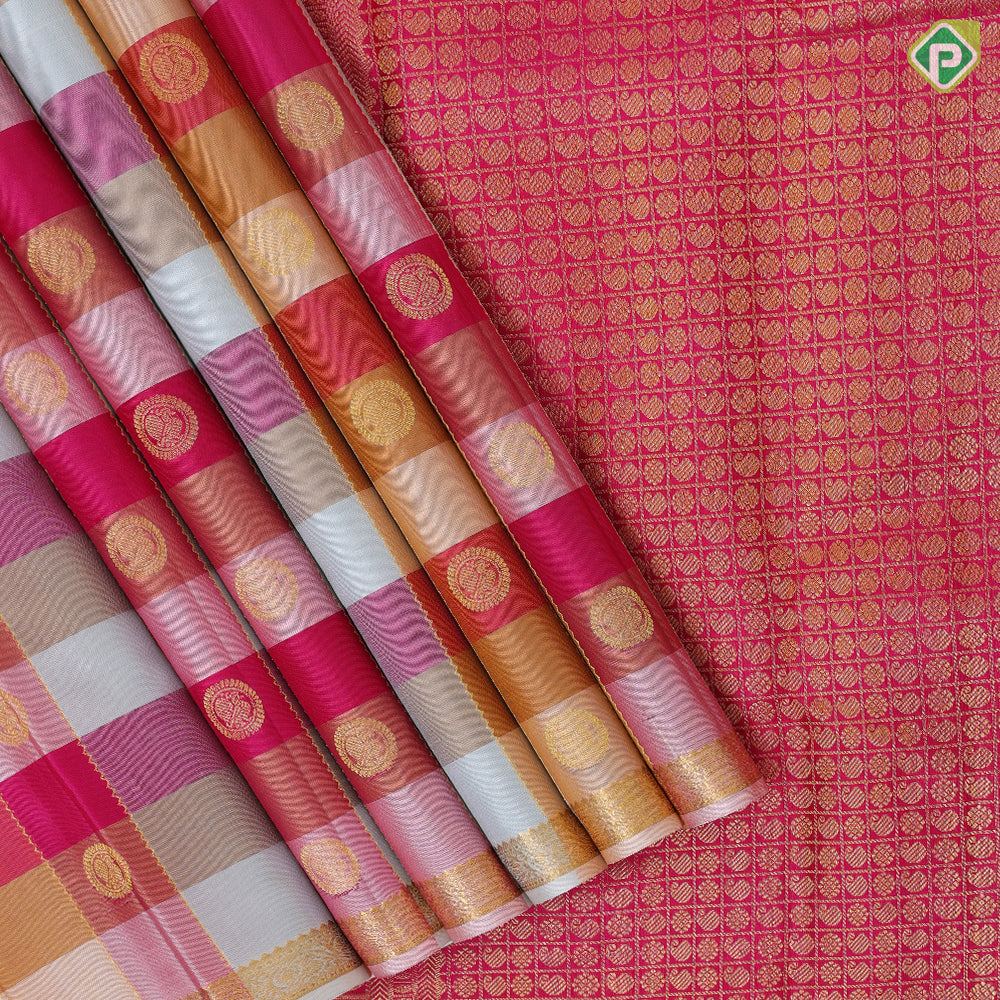 Multi color checks gold zari butta and zig zag stripes self gold zari edge border paalum pazhamum kattam silk saree