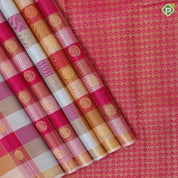 Multi color checks gold zari butta and zig zag stripes self gold zari edge border paalum pazhamum kattam silk saree