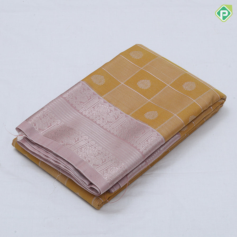 Royal blue gold zari window panel and thilagam design peach pink neem zari rettapet border art silk saree