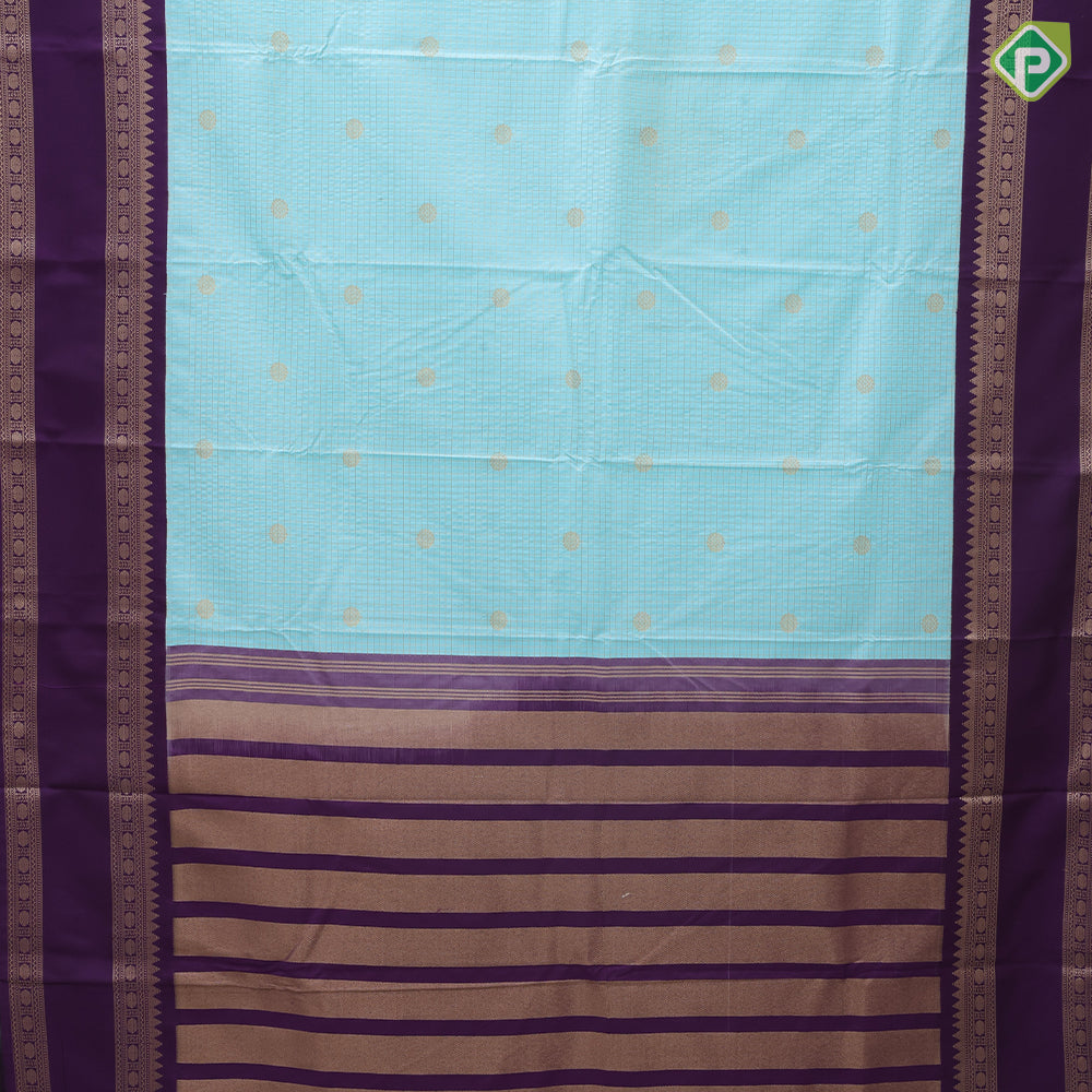 Sea blue gold zari vairaoosi checked kataam rudraksham butta purple gold zari retta pattai border art silk saree