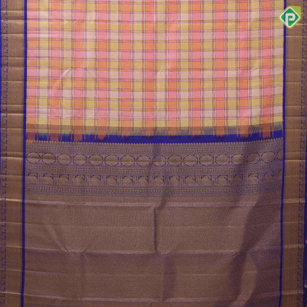 Pastel multi color madras checks design blue gold zari peacock butta gatti border paalum pazhamum silk saree
