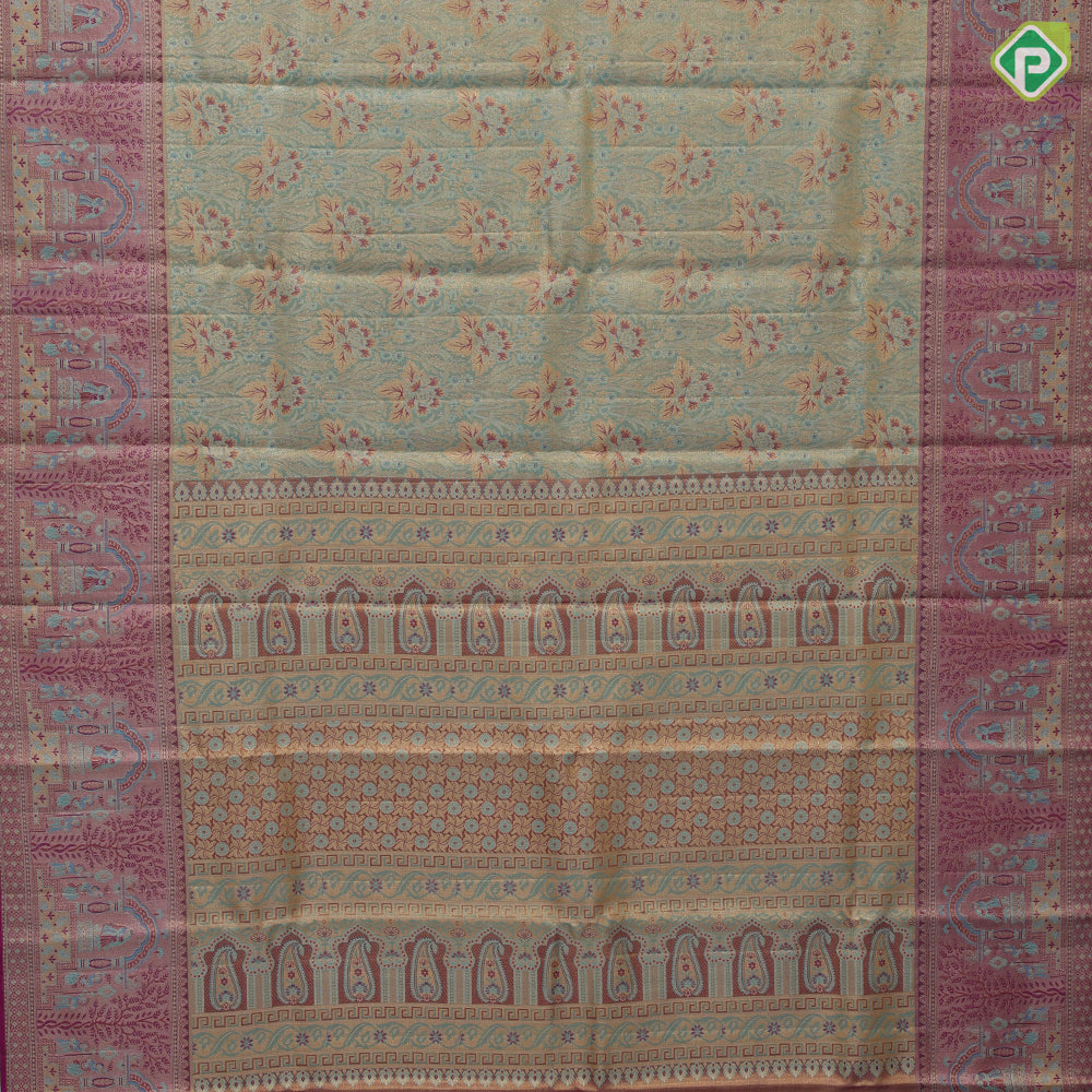 Sea green gold zari fancy floral meena work design Purple gold zari marriage scene design border tissue silk saree