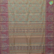 Sea green gold zari fancy floral meena work design Purple gold zari marriage scene design border tissue silk saree