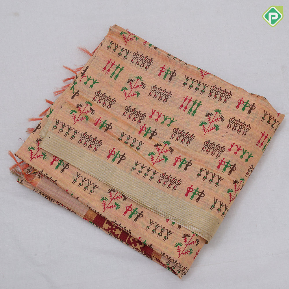 Peach Pink Printed Design Plan Tissue Type Border Design Fancy Cotton Saree