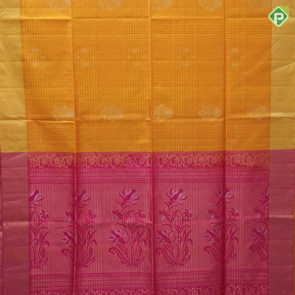 Purple blue gold zari flower bunch design contrast pallu and gold zari border soft silk saree