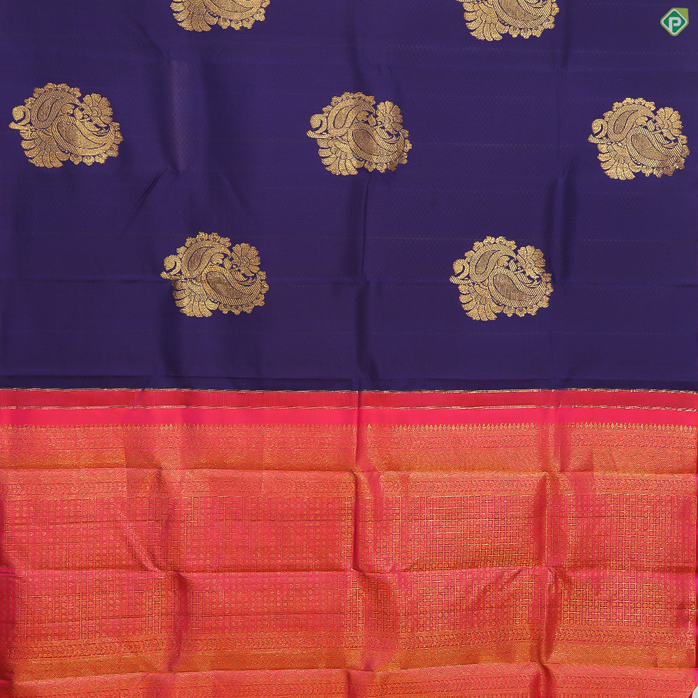 Indigo Blue With Gold Zari Big Mango Floral Design Edge Border Trendy Designer Silk Saree