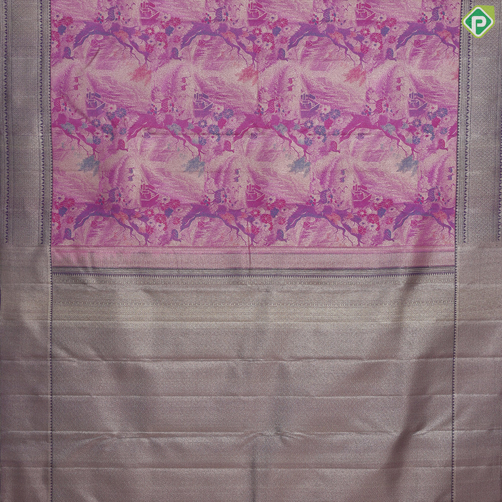 Rose Pink Self Krishna Radha Romance tissue weaved design Purple silver gold zari Border trendy tissue silk saree