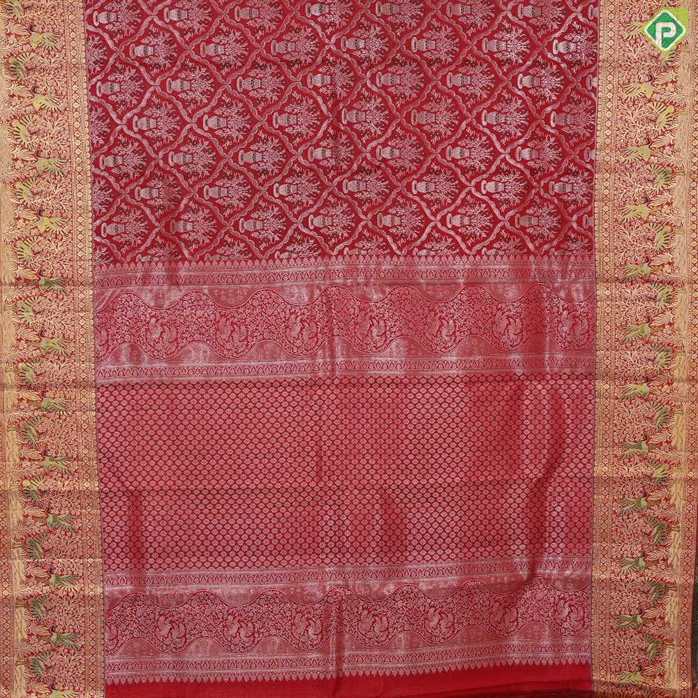 Chilly Red silver zari meena work pots into checks design self gold zari meena work border exclusive wedding silk saree