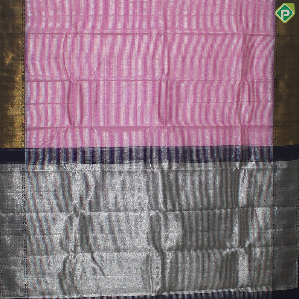 Baby Pink Silver Zari Velthari Lines Contrast Grape Brown Gold Zari Border Traditional Silk Saree