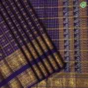 Indigo blue gold zari big checks rudraksham butta self gold zari peacock elephant butta lines double line border traditional silk saree