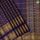 Indigo blue gold zari big checks rudraksham butta self gold zari peacock elephant butta lines double line border traditional silk saree