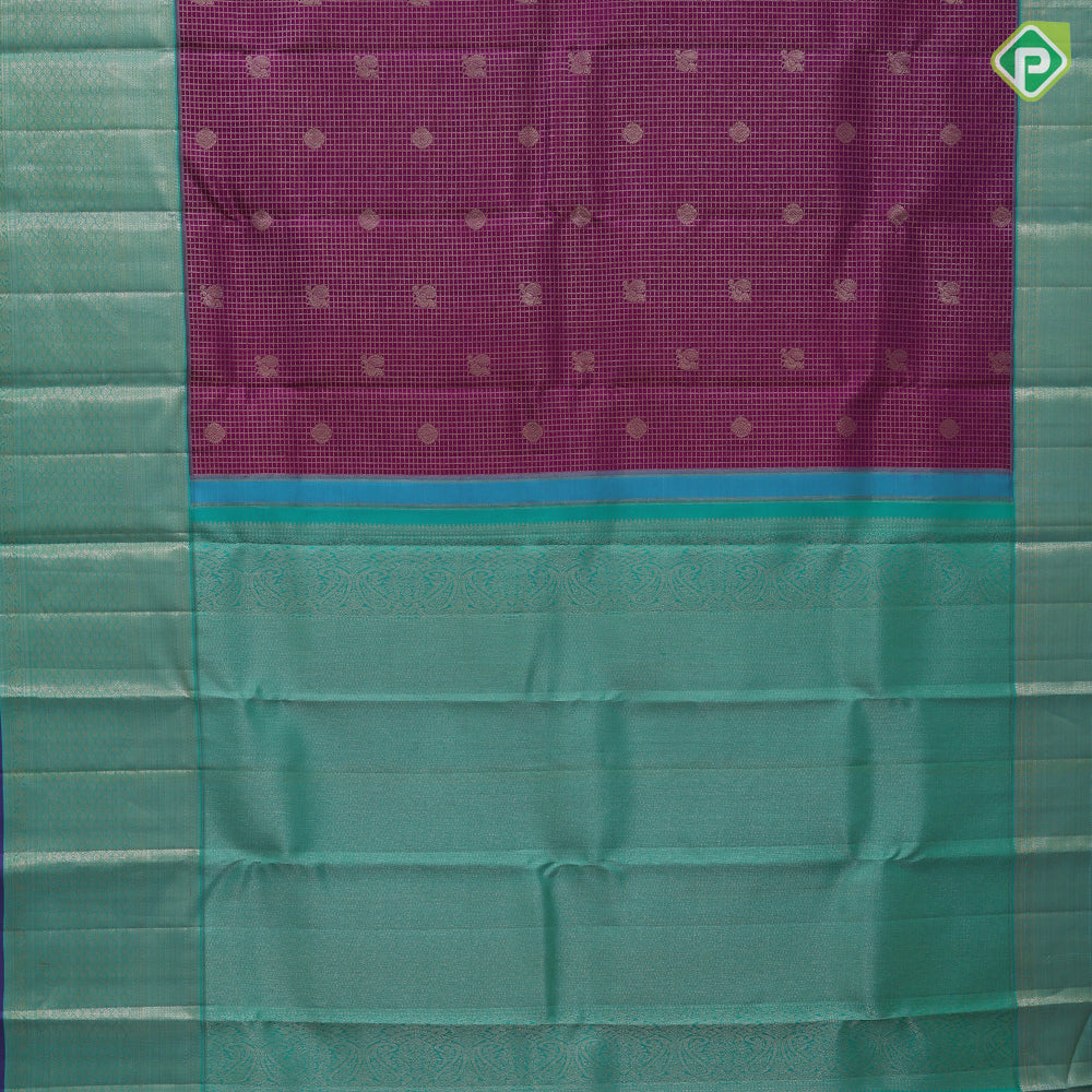 Purple Gold Zari Small Checks Peacock Chagaram Design Rama Green Mayilkan Floral Border Design Traditional Silk Saree