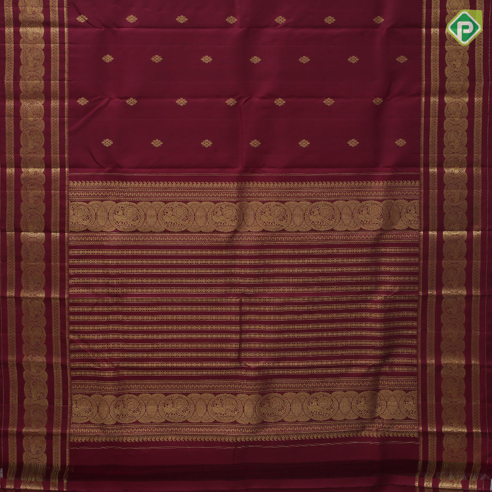 Beetroot red gold zari fancy round butta self gold zari peacock round butta border traditional silk saree