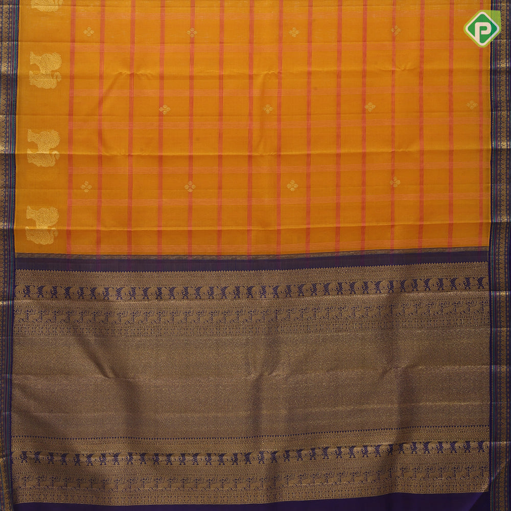 Mustard Yellow Gold Zari Lion And Flower Design Violet Mango Ruthracham Border Design Traditional Silk Saree