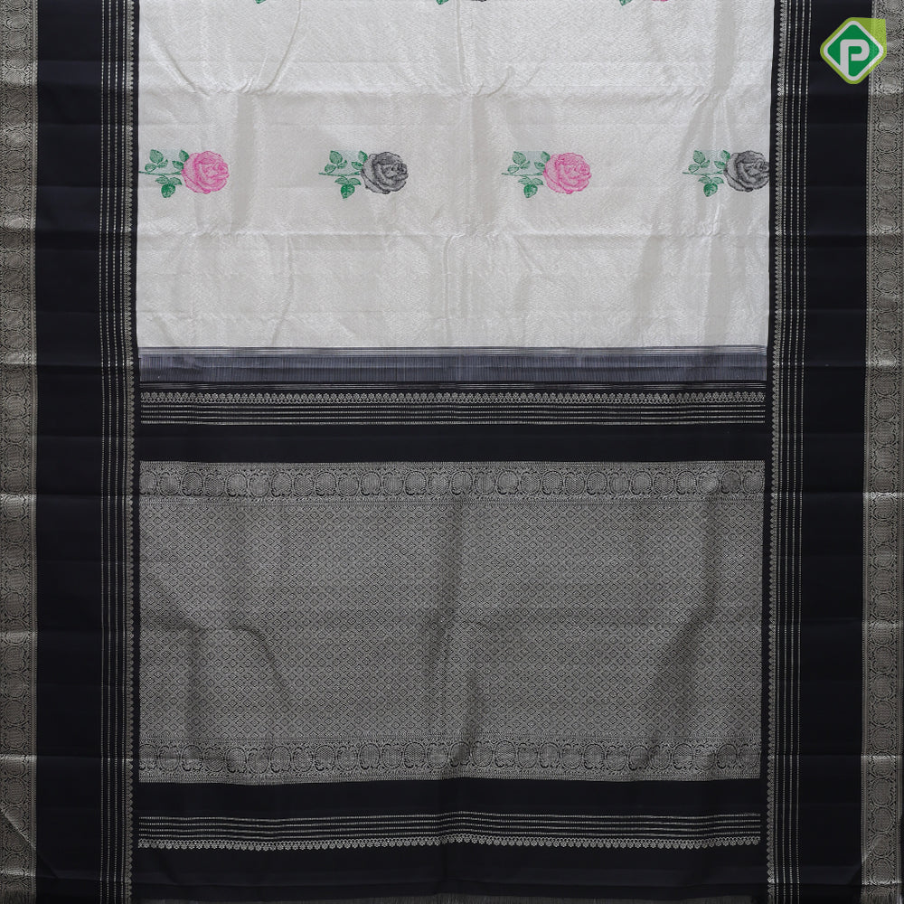 silver zari by zari tissue multi color rose meena work design Black silver zari border bridal tissue silk saree