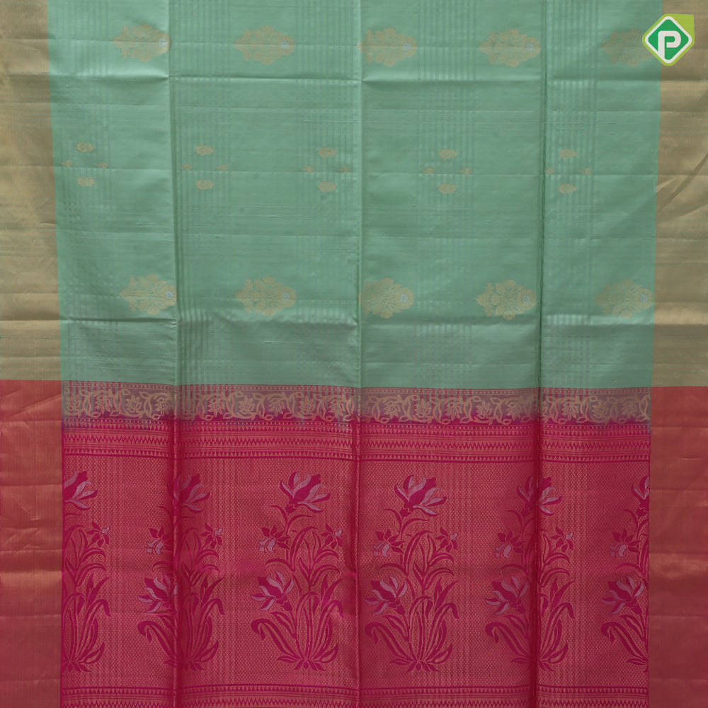 Purple blue gold zari flower bunch design contrast pallu and gold zari border soft silk saree