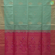 Purple blue gold zari flower bunch design contrast pallu and gold zari border soft silk saree