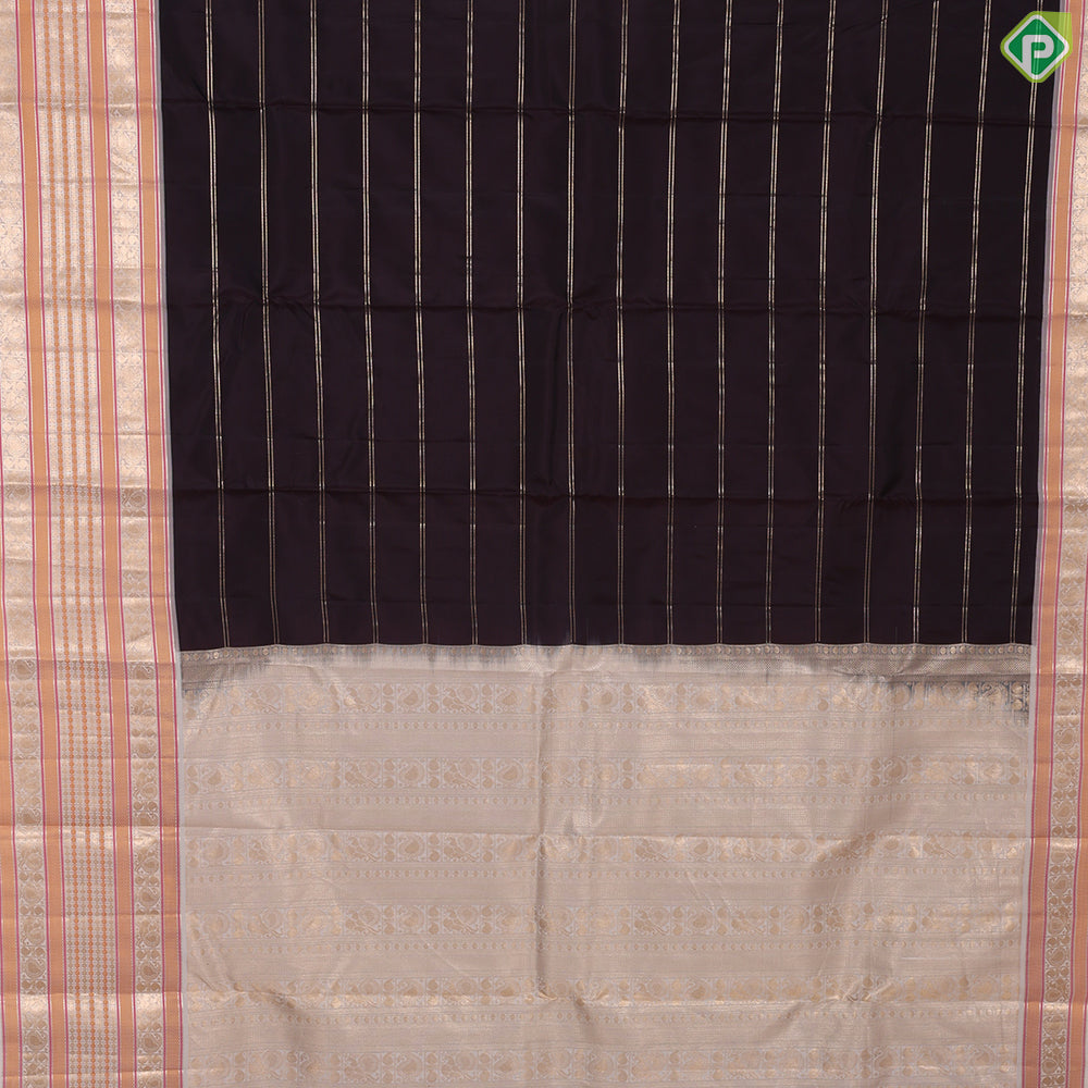 Dates brown gold zari vairaoosi lines contrast cream with multi color gold zari border traditional silk saree