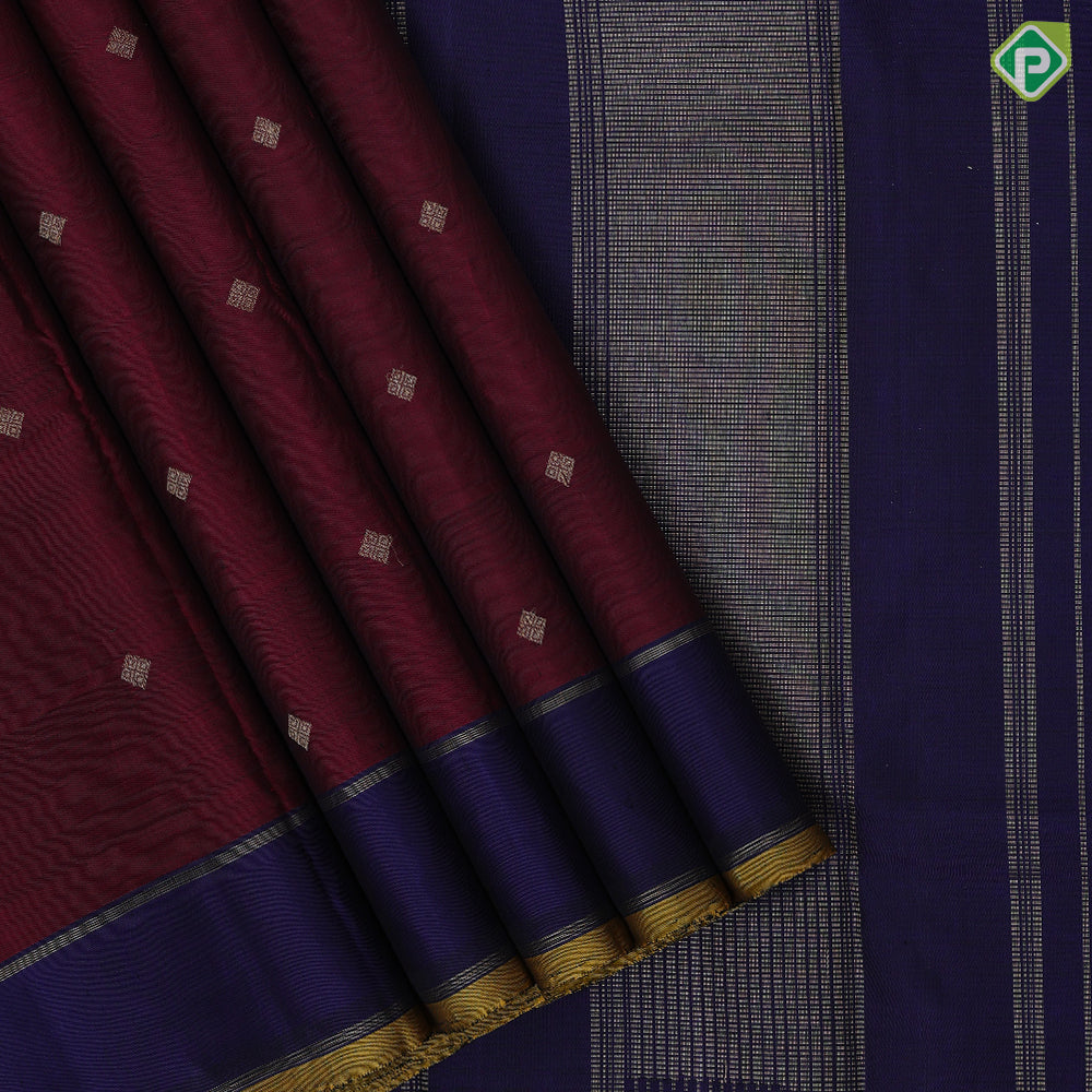 Magenta red gold zari diamond butta motifs contrast blue plain gold zari lines border vintage silk saree