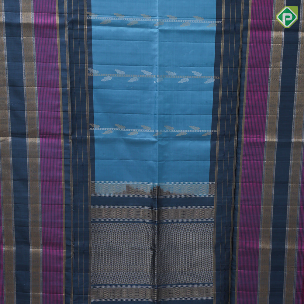peacock blue silver gold zari bird on ladder design peacock green gold zari lines border soft silk saree