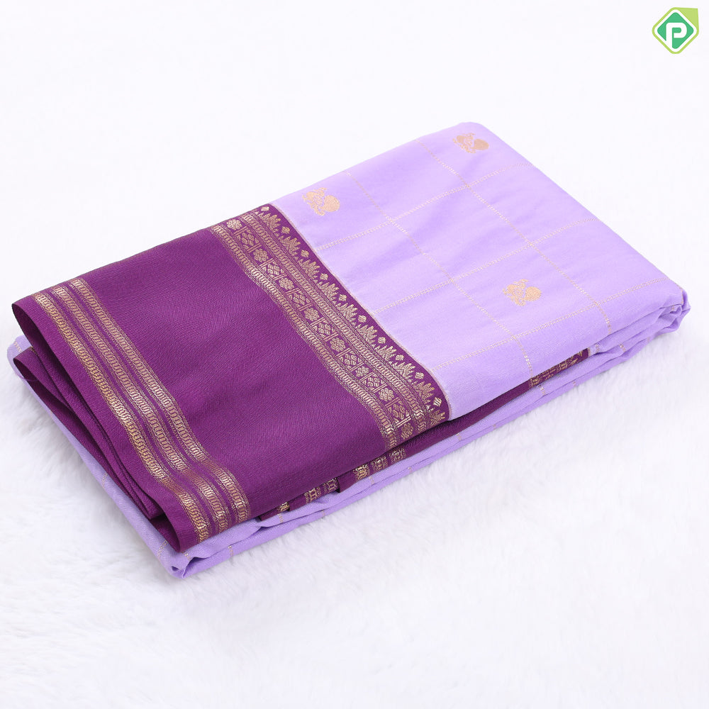 Parrot green gold zari checkered peacock butta design contrast purple rettapet border art silk gift saree